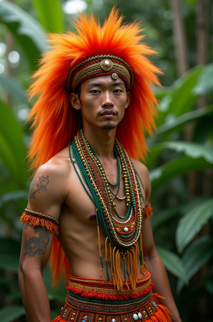 Young Asian man in Brazilian indigenous clothing. Tall and handsome with fiery hair. extremely pretty