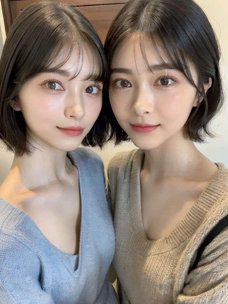 (masterpiece:1.3), (8k, Photoreal, Raw photo, best image quality: 1.4), Japanese high school girl、(random hairstyle:1.2)、cleavage:1.5、super detail face、eye for details、double eyelid、chest to chest、sharp focus:1.2、Beautiful woman:1.4、light brown hair、highest quality、masterpiece、超A high resolution、(Photoreal:1.4)、Highly detailed and professionally lit smiles、loose and light knitwear、shoulder out、thin、serious expression、short haired、deadly position
similar identical twins
All the girls have the exact same face, The two have the same face and figure, as if they were mirror images.