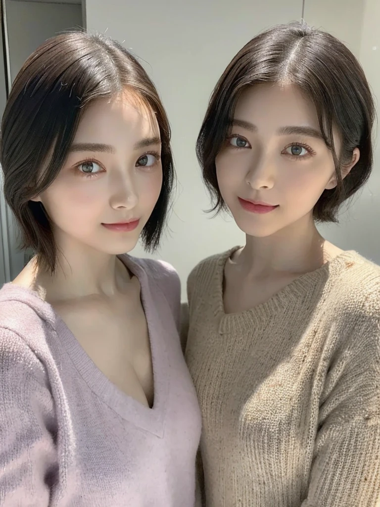 (masterpiece:1.3), (8k, Photoreal, Raw photo, best image quality: 1.4), Japanese high school girl、(random hairstyle:1.2)、cleavage:1.5、super detail face、eye for details、double eyelid、chest to chest、sharp focus:1.2、Beautiful woman:1.4、light brown hair、highest quality、masterpiece、超A high resolution、(Photoreal:1.4)、Highly detailed and professionally lit smiles、loose and light knitwear、shoulder out、thin、serious expression、short haired、deadly position
similar identical twins
All the girls have the exact same face, The two have the same face and figure, as if they were mirror images.
