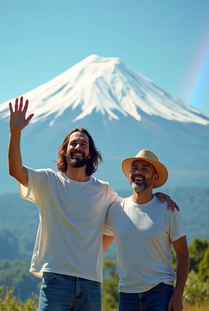 Viewed diagonally from above. Jesus Christ and a Japanese man are waving to Mt. Fuji. They look wise and wise and laugh happily. Their faces convey deep wisdom and empathy, exuding warmth and understanding. They are wearing white T-shirts, jeans, and straw hats. Jesus of Nazareth is depicted as a gentle, gentle man with shoulder-length hair. His wavy brown hair flows over his shoulders. The Japanese man's face shows deep wisdom and empathy, and he is depicted as a kind-hearted Japanese man with a Buddha-like shaved head and a calm and cheerful expression. they are shining. A rainbow hangs over the blue sky. Photography, close-up, highly detailed, trending at the art station, sharp focus, studio shot, intricate details, Greg Rutkowski,