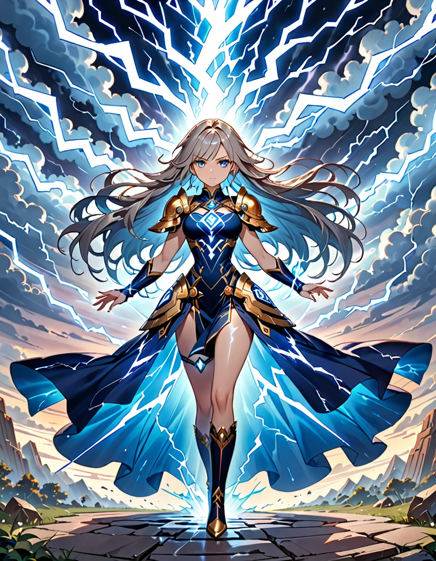 (((masterpiece, best quality, high detailed, 16k))) (1goddess) A formidable  thunder goddess with a commanding presence, her eyes crackling with electric energy. She has a lithe, muscular build and long, flowing hair that seems to shimmer with lightning. She wears ornate armor in shades of stormy gray and electric blue, intricately designed with lightning motifs and glowing runes. In her hands, she wields a massive, intricately detailed warhammer that crackles with thunderous energy. Her stance is powerful, with dark storm clouds swirling around her and bolts of lightning illuminating the scene. ((full body view))

