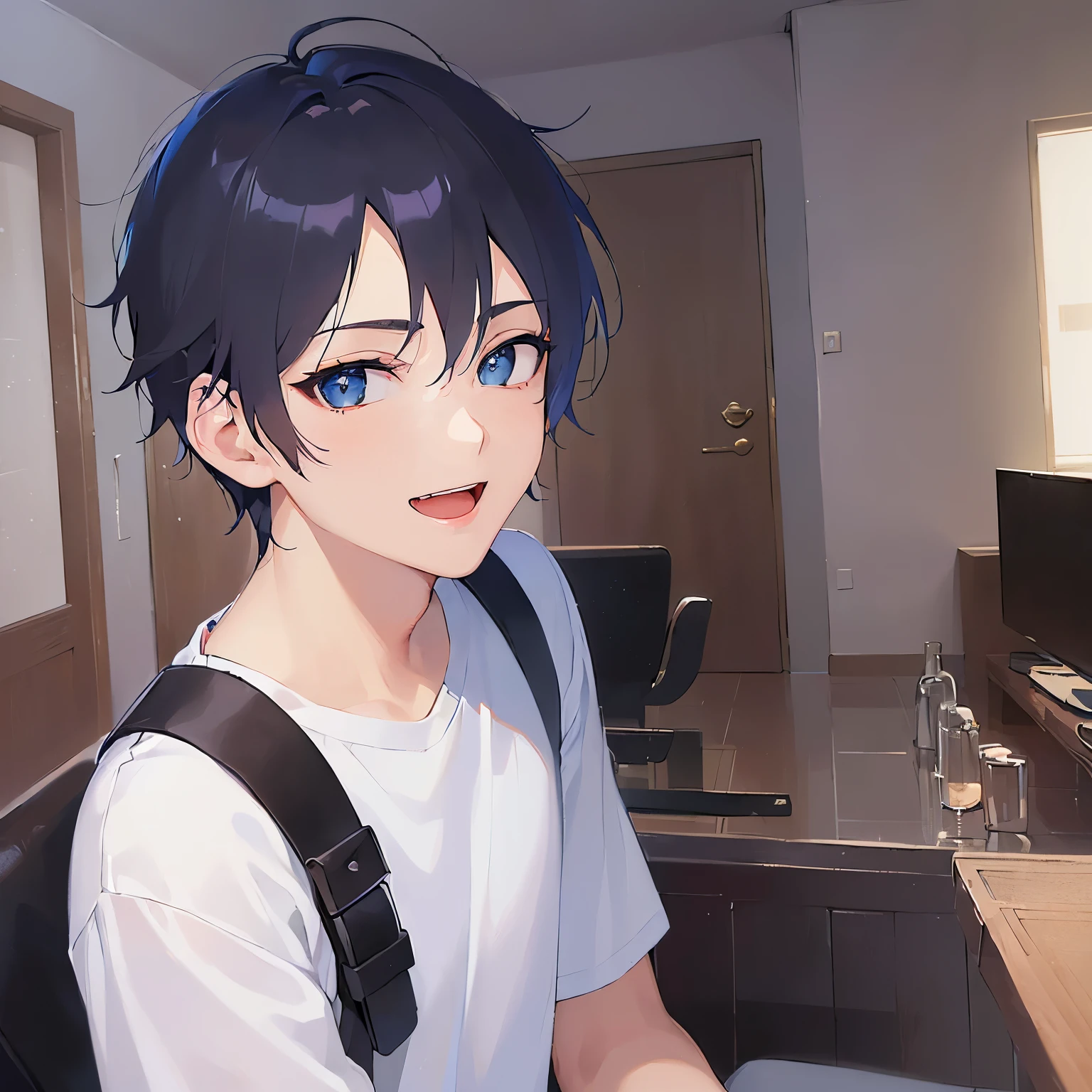 (looking at viewer:1.5),upper body、Looking up、
shiny skin, masterpiece、Highest quality、
(20-year-old male:1.5) and (Black short hair) and (blue eyes),
White T-shirt、
smile,open mouth,The background is the living room、(alone:1.5)
