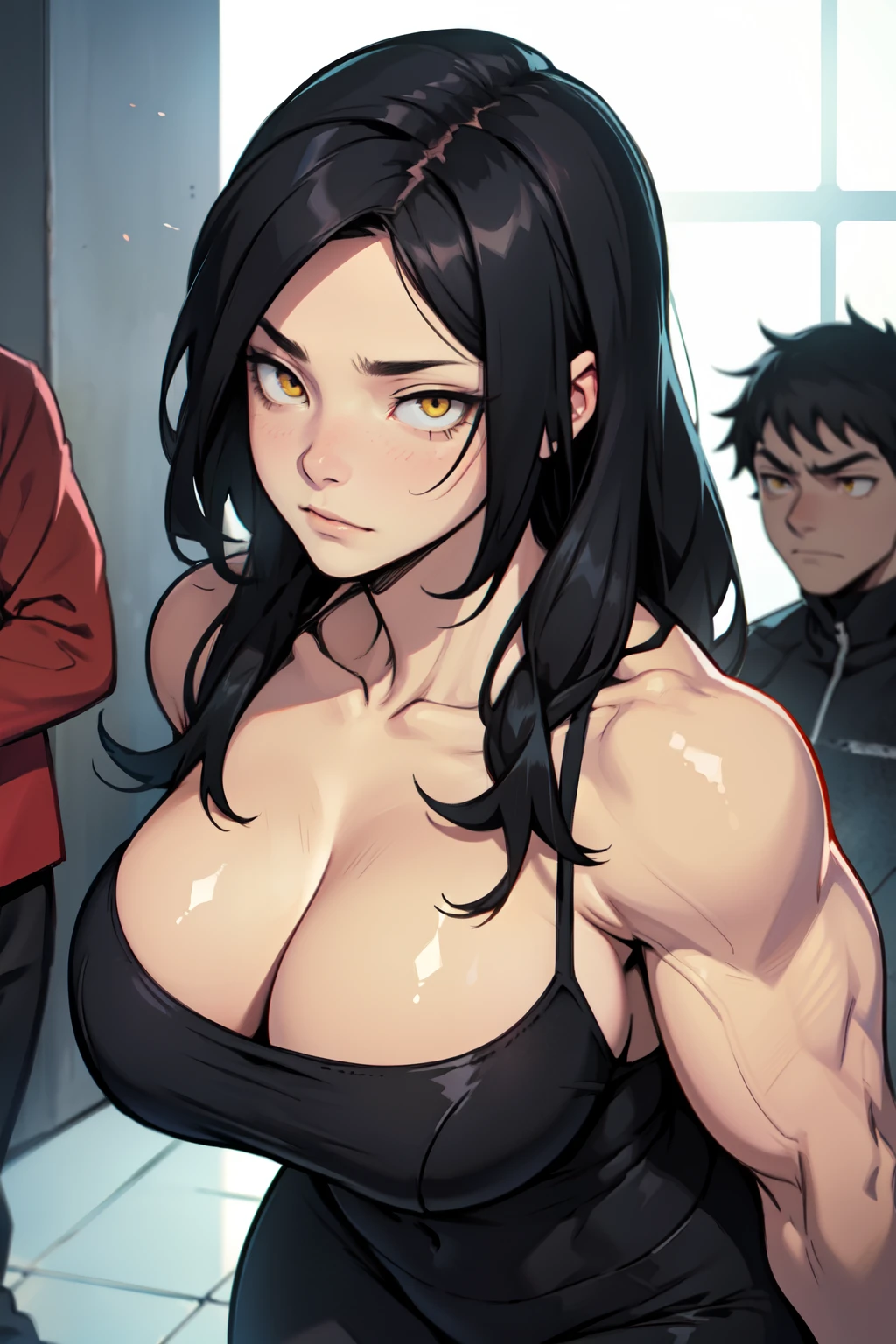 muscular girl muscular girl muscular girl thick thick thick breasts breasts breasts massive hair black hair yellow eyes pale skin sharp focus embarrassed empty eyes