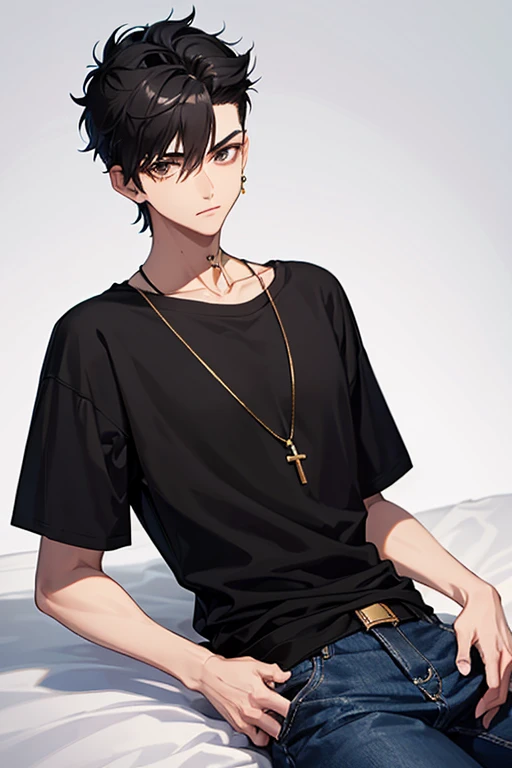 16 year old boy, short black hair on the sides and long on top with a pompadour, brown eyes, black t-shirt, necklace with a gold cross, blue jeans, looking in profile directly at the viewer, white background