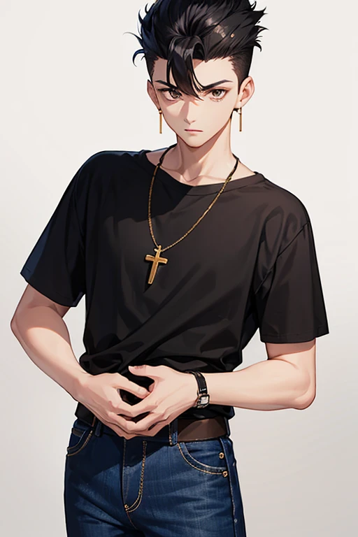 16 year old boy, short black hair on the sides and long on top with a pompadour, brown eyes, black t-shirt, necklace with a gold cross, blue jeans, looking in profile directly at the viewer, white background