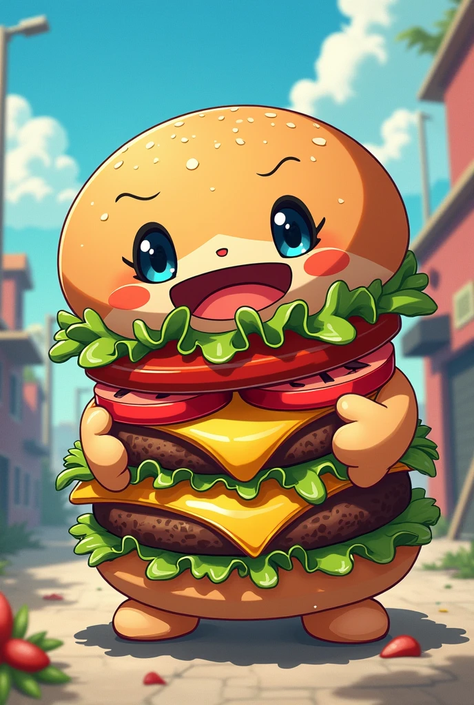 A stylish hamburger character in an anime style