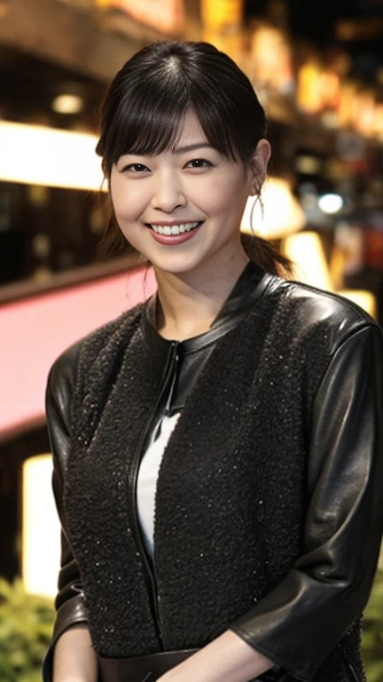 最high quality, 8k, Vibrant, Sharp focus, high quality, High resolution, Middle-aged women, Mature Woman, 40 years old, (Whole Body Ezbian), (High heels face detail, Highly detailed eyes, Plump figure、Plump face、((big 1.6))、(((Large Breasts)))、((Black leather clothing))、Random Hairstyles、A kind smile、(Busy Street)、Glamorous city、((Leather Fashion))、