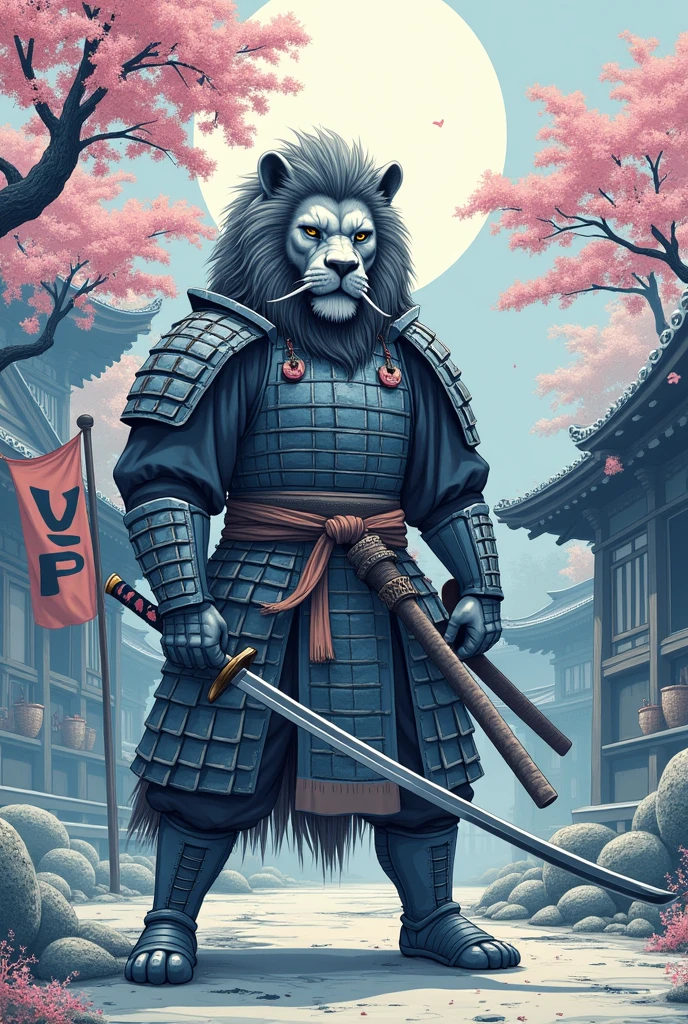 Samurai Lion in an Japanese dojo, modern art, hand-drawn, gray, blue and white colors, Lion warrior, traditional Japanese architecture, cherry blossom tree in bloom, intricate samurai armor, katana sword, focused expression, whit big head, dynamic pose, detailed linework, soft pastel shades of blue, and lavender, artistic interpretation, ArtStation. Whit the medium Argentina flag in the flood and with a very big sign whit ViP