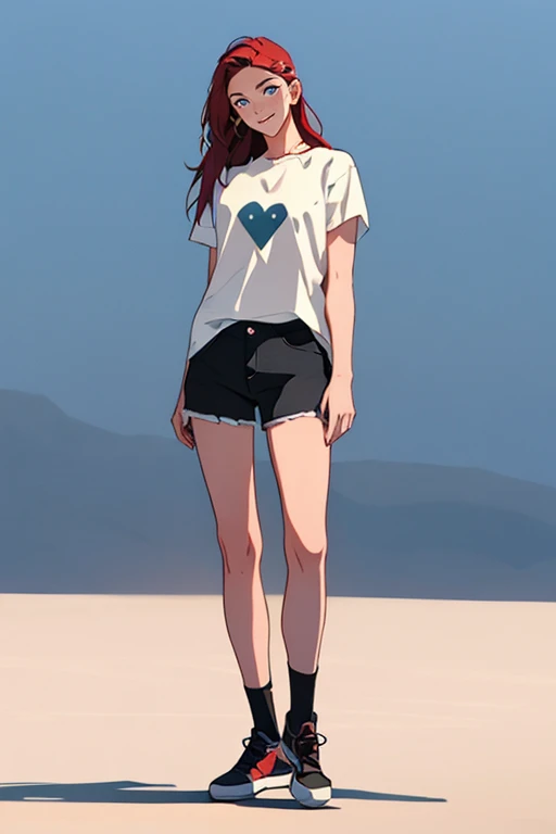 masterpiece, best quality, full body,1girl,the highest image quality, 21 year old girl, red hair, long hair, light blue eyes, tight white graphic t-shirt, and denim shorts, medium breasts, White background, empty background whole body , neutral pose, smiling no teeth