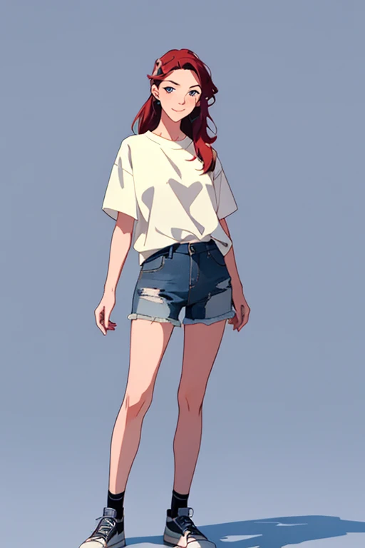 masterpiece, best quality, full body,1girl,the highest image quality, 21 year old girl, red hair, long hair, light blue eyes, tight white graphic t-shirt, and denim shorts, medium breasts, White background, empty background whole body , neutral pose, smiling no teeth