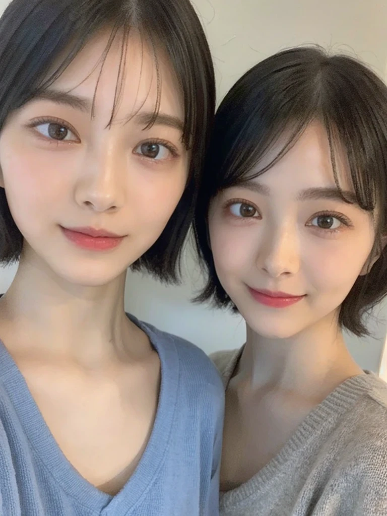 (masterpiece:1.3), (8k, Photoreal, Raw photo, best image quality: 1.4), Japanese high school girl、(random hairstyle:1.2)、cleavage:1.5、super detail face、eye for details、double eyelid、chest to chest、sharp focus:1.2、Beautiful woman:1.4、light brown hair、highest quality、masterpiece、超A high resolution、(Photoreal:1.4)、Highly detailed and professionally lit smiles、loose and light knitwear、shoulder out、thin、serious expression、short haired、deadly position
similar identical twins
All the girls have the exact same face, The two have the same face and figure, as if they were mirror images.