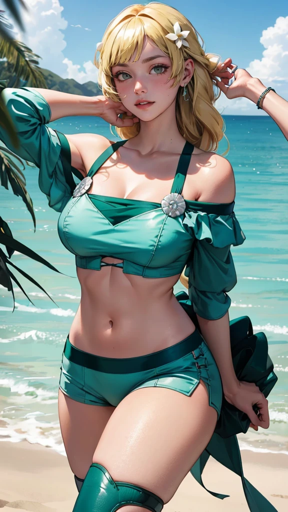 sumIngrid, sumIngrid, bangs, hair flower, hair ornament, braided ponytail, cleavage, green bikini, off-shoulder, green shorts 2.0, green bow 2.0, leather thigh strap 2.0, bare stomach 2.0, (masterpiece, best quality, 8k, HD, ultra-detailed), realistic style, very close up shot 2.0, beach 2.0, looking at viewer 2.0, blushing, upper body shot 2.0, perfect eyes 2.0, upper body shot 2.0, cute nose, very sexy smile 2.0, very luscious lips 2.0, facing camera 2.0, very heavy eyeshadow 2.0, very heavy makeup 2.0, round face, very thick lips 2.0, very glossy lips 2.0, very pouty lips 2.0, lustrous skin 2.0, shiny skin 2.0, very pretty 2.0, very beautiful 2.0, very curvy 2.0, very sexy 2.0, very thick 2.0, very toned 2.0, very sexy smile 2.0, very luscious lips 2.0, facing camera 2.0, very heavy eyeshadow 2.0, very heavy makeup 2.0, round face, very thick lips 2.0, very glossy lips 2.0, very pouty lips 2.0, lustrous skin 2.0, shiny skin 2.0, very pretty 2.0, very beautiful 2.0, very curvy 2.0, very sexy 2.0, very thick 2.0, very toned 2.0, very athletic 2.0, very sexy 2.0, absolutely gigantic lips 2.0, very sexy smile 2.0, very luscious lips 2.0, facing camera 2.0, very heavy eyeshadow 2.0, very heavy makeup 2.0, round face, very thick lips 2.0, very glossy lips 2.0, very pouty lips 2.0, lustrous skin 2.0, shiny skin 2.0, very pretty 2.0, very beautiful 2.0, very curvy 2.0, very sexy 2.0, very thick 2.0, very toned 2.0, very sexy smile 2.0, very luscious lips 2.0, facing camera 2.0, very heavy eyeshadow 2.0, very heavy makeup 2.0, round face, very thick lips 2.0, very glossy lips 2.0, very pouty lips 2.0, lustrous skin 2.0, shiny skin 2.0, very pretty 2.0, very beautiful 2.0, very curvy 2.0, very sexy 2.0, very thick 2.0, very toned 2.0, very athletic 2.0, very sexy 2.0, absolutely gigantic lips 2.0, blonde hair, facing camera 2.0, very toned 2.0, very extreme hip to waist ratio 2.0, wide hips 2.0, very thick and muscular thighs 2.0, facing camera 2.0, very defined waist 2.0