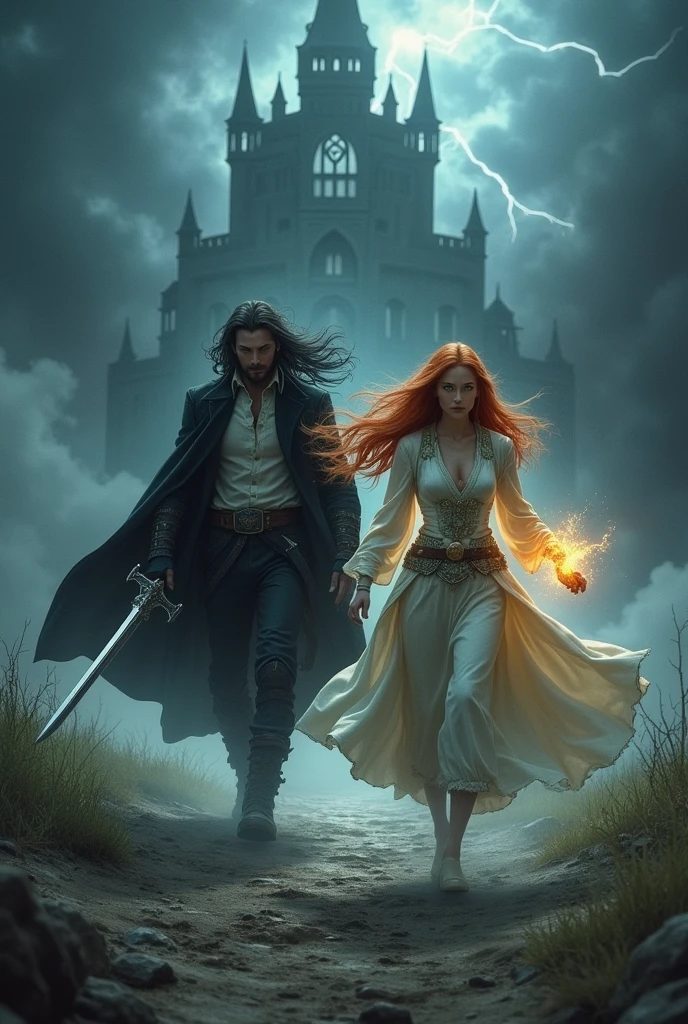 In the midst of a raging storm, two figures stride determinedly towards a distant, ancient castle. The first is Seraphina, a woman of elegant beauty, her long red hair whipping wildly in the wind. She wears a light, flowing robe adorned with mysterious patterns that glow faintly in the darkness. Her green eyes are focused, unwavering, as she presses forward with calm determination. A glowing sigil of a powerful summon beast flickers on her arm, hinting at the formidable magic she wields.

Beside her, Voltex, the infamous "Black Knight," cuts a striking figure with his long black coat billowing around him. His long black hair flows with the wind, and his hand grips a massive longsword, ready to strike. His white, noble shirt contrasts sharply with the dark atmosphere. Known for his cold, calculated demeanor, his presence exudes an aura of both mystery and fear. Together, they march through the storm, their destination clear—the ominous castle that looms ahead.

The storm's fury only heightens the tension, lightning illuminating their path as thunder rumbles ominously. They are undeterred, driven by their mission, their steps in perfect sync, advancing towards the heart of darkness.