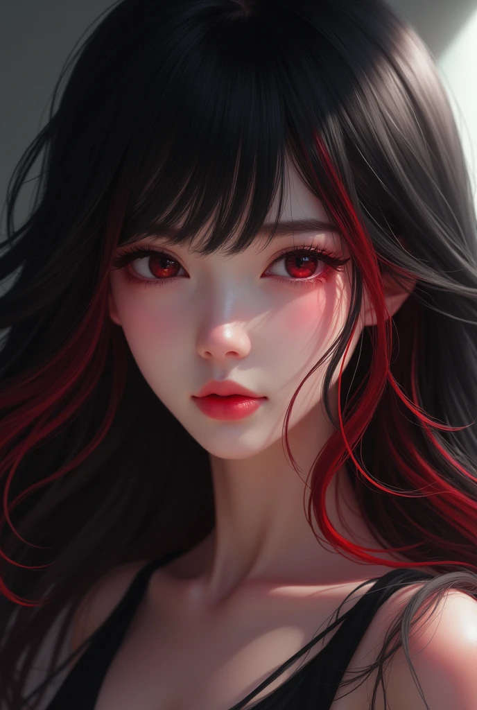 Japanese girl with more or less long black hair with bangs and red highlights, e sexy