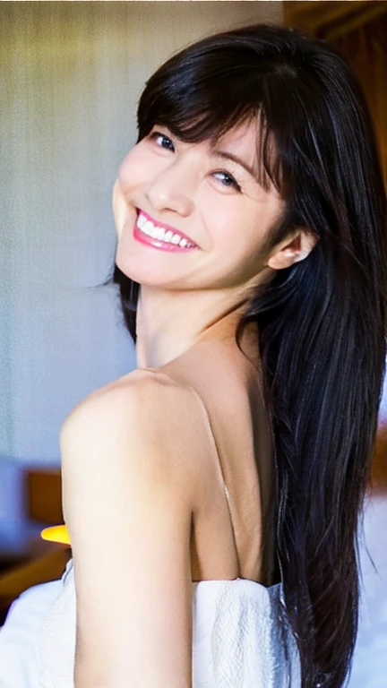 (Highest quality), (Beautiful Japanese Women), (Moisturized lips), Narrow eyes, double eyelid, Delicate clavicle, Flat Chest , Underdeveloped breasts, smile, Professional Lighting, (Petite figure), (Sunburned skin: 0.2), Full body photo, Full Body Focus, (Standing posture)、Elegant、Slender body、boyish, Putting very short hair into a ponytail、Stylish white bedroom、Ribbon on chest、Sweep all your hair back、Crouching with rope、Full body angle、Ecstasy face、