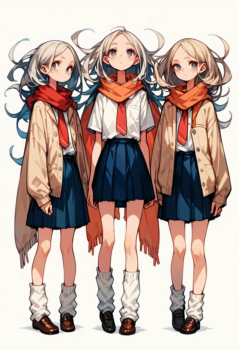 Deformed illustration,A naked woman standing in a schoolyard,Japanese schoolgirl,loose socks,loafers,Long scarf,4 heads,Flat Chest