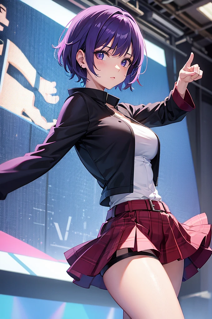 girl, short purple hair, sad, dancing, colorful outfit