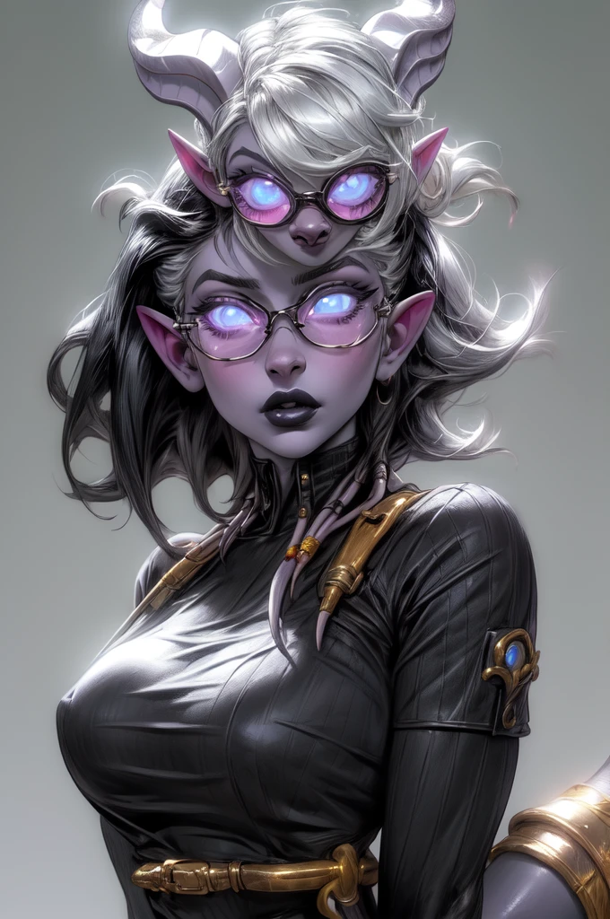 masterpiece, best quality, 1girl, solo, draenei, glowing eyes, colored sclera, tail ornament, hooves, white skin, blue eyes, black hair, shiny silver pouty lips, (tentacle hair:0.8), close-up, upper body, hair ornament, plump and large breasts, shiny skin, shiny silver lipstick, goggles , bob hair cut, fantasy, magic, psy powers, leather apron, toolbelt, mechanic, glasses