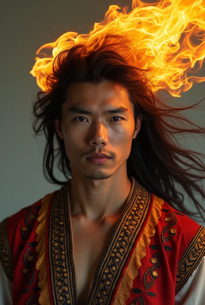 Young Asian man (20 year old appearance) indigenous people with traditional indigenous clothing, tall and handsome, with hair on fire fire