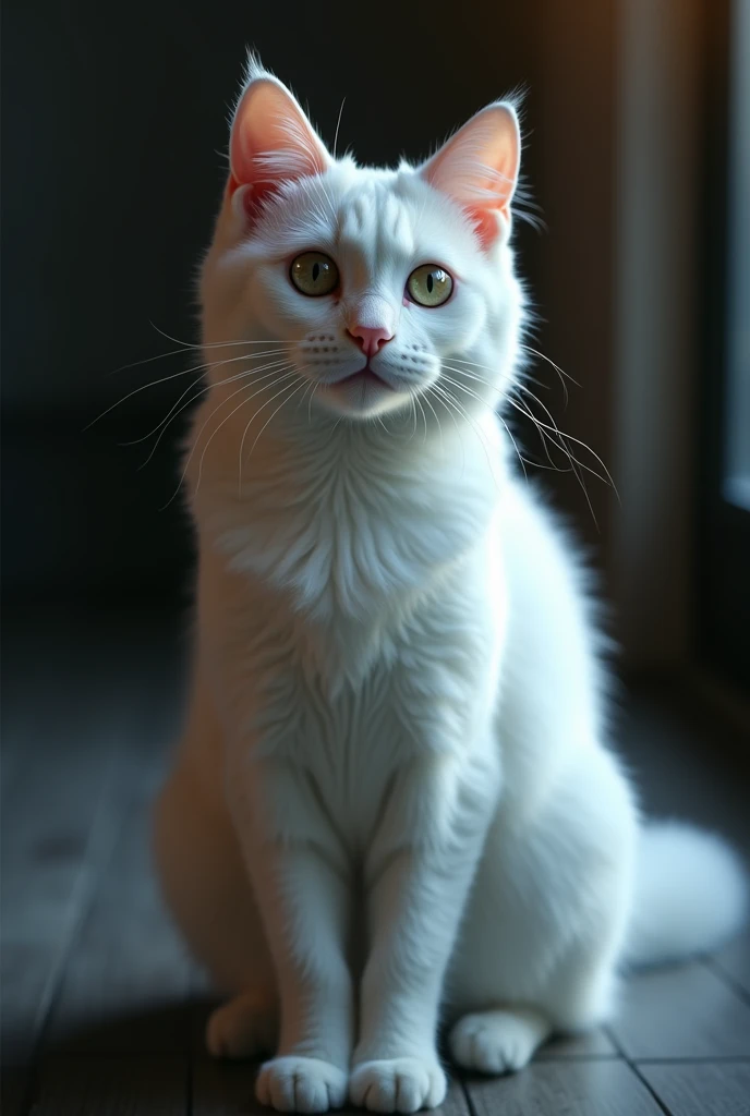 Retio(1:1) , beautiful white cat, looking with shining eyes, dark hyper light background, soft key light, indoor, soft blur background, 4k image quality,