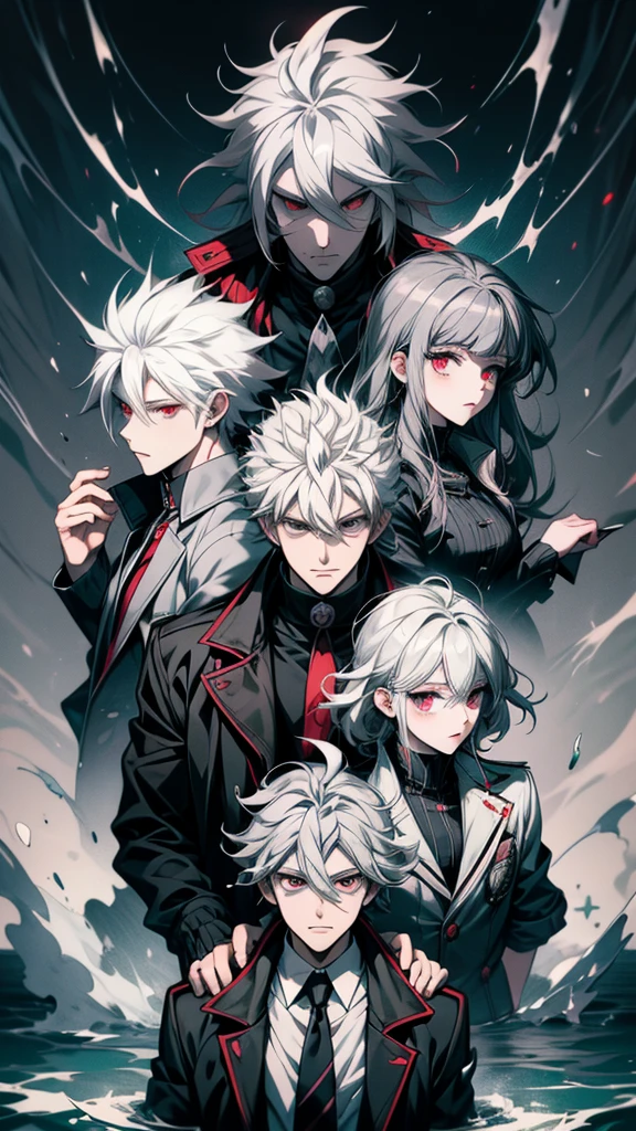 Anime boy with white hair and red eyes wearing a black jacket, nagito komaeda, Hajime Yatate, He has dark grey hair, Gray-haired, Gray-haired, Silver-haired madman, Nagito Komaeda from Danganronpa, White fox, Sacred Waters(WLOP style), Male Anime Characters, Gray-haired