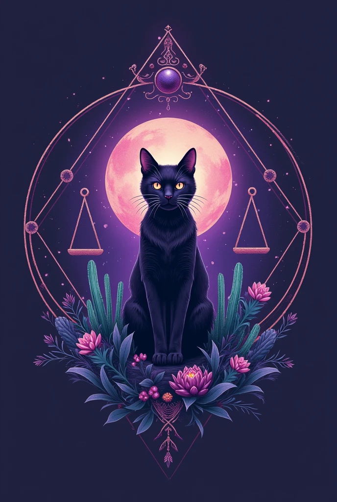 A logo that contains purple, the symbol of the psyche, the symbol of the zodiac sign libra, a cat and a cactus
