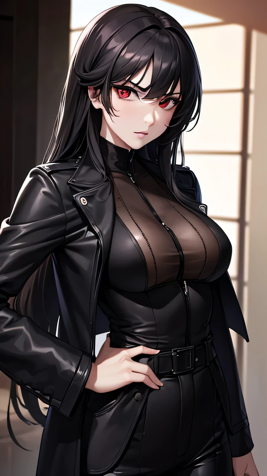 ((Highest quality)), Ultra-high resolution,Adult women, alone, sexy, (Stern face), (Red eyes), Beautiful face in every detail,(High resolution detail of human skin texture), (Black irregular long hair), Black coat,Suit pants,A mercenary woman,（have a gun in hand）,Realistic:1.4,Realistic:1.4,Dark Warehouse,((masterpiece)),Perfect and detailed eyes,Waist up shot