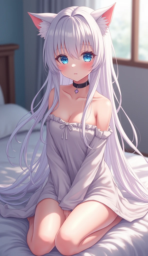 one girl, anime style, cat ears, off shoulder, medium breasts, shy, blush, navel, choker, obedient, white long hair, light blue eyes, long sleeve, on bed, wariza