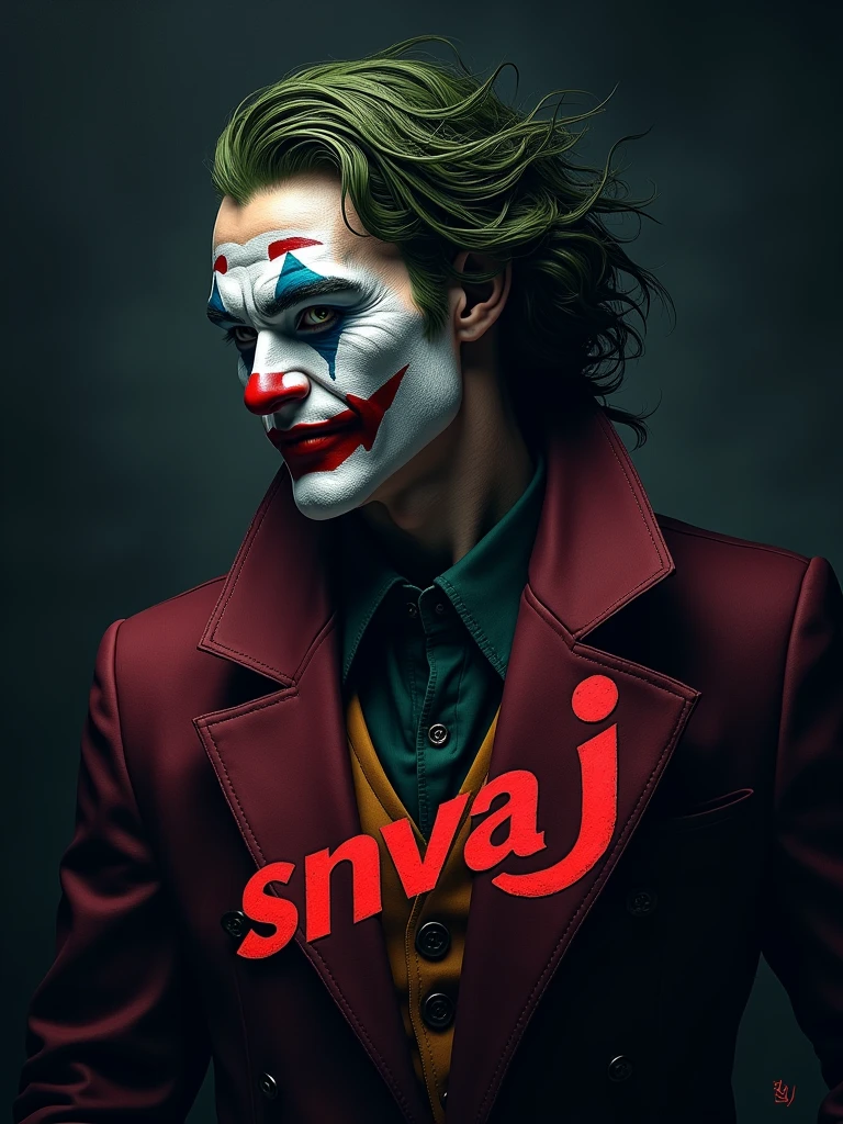 logo "snvaj" stylish letter logo front, background joker ,realistic and attitude with logo joker ,realistic real