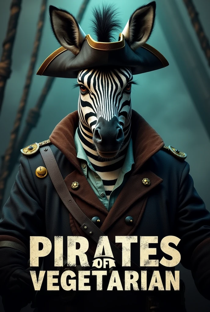 Create a cinematic poster featuring photorealistic portrait of Dressed animals - a ((fat)) zebra pirate, , wearing pirate costume and pirate hat , with a serious, intense expression, He should be slightly off-center in the composition, The background should be dark and gritty, pirate's ship with smoky or grunge textures, Use a color scheme of black, deep blues, and dark greens, with subtle silver or gold accents to capture the show's mood, At the bottom of the poster, place the text "PIRATES OF VEGETARIAN" in large, bold, distressed letters, in a sans-serif font. The text should have a cinematic style, with slight shadow or glow effects to make it stand out against the background.