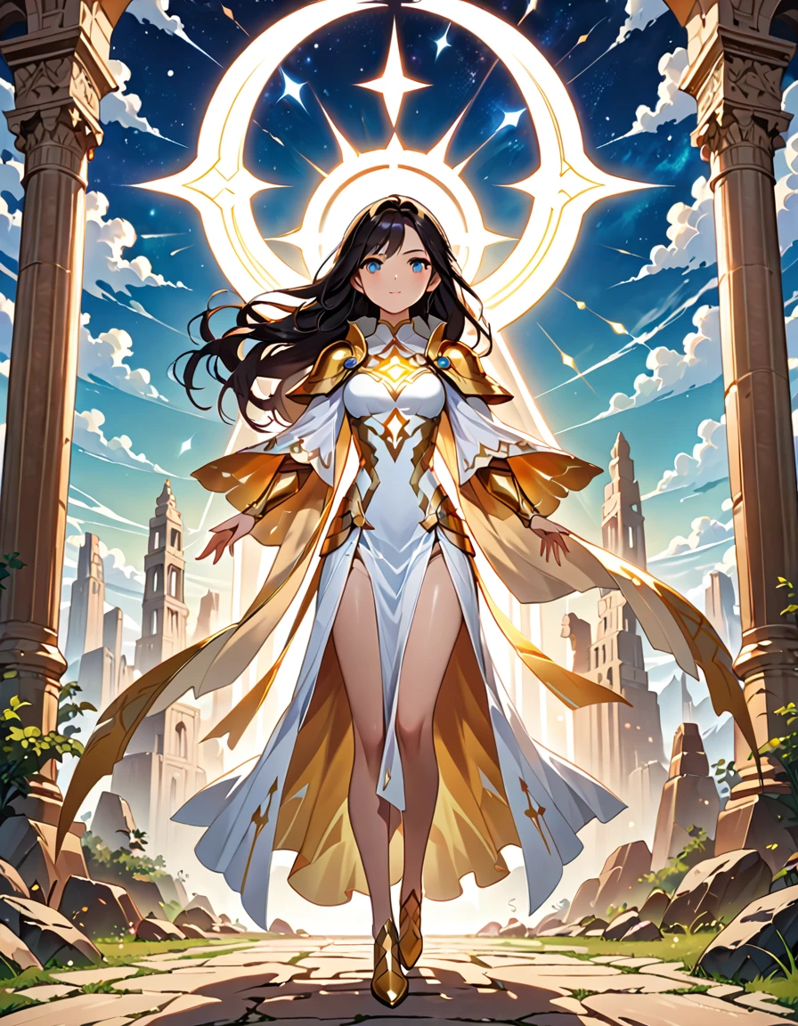 Full body shot of a fearless paladin with unparalleled beauty, featuring long, dark hair and striking blue eyes. She wears intricately designed draconic armor that glimmers with a mystical aura. Her armor is adorned with dragon scales and ornate patterns, giving it both an imposing and elegant appearance. In her hand, she wields a magnificent sword, the blade shimmering with a divine light, etched with runes of power. She stands in a majestic, celestial landscape, with radiant light filtering through the clouds, casting a holy glow upon her. The ground beneath her is a mix of ancient stones and sacred symbols, glowing softly as if infused with holy energy. Surrounding her are ethereal figures in shades of gold and white, their presence adding to the divine ambiance. The background features towering, ancient ruins and magnificent, skyward-reaching structures, hinting at a grand, heavenly stronghold. The scene is inspiring and powerful, with her face showing a serene yet determined expression, her eyes locked onto her noble mission.

[Best quality], [Masterpiece], [Ultra-detailed], [4k], {inspiring|majestic} atmosphere, celestial landscape, {dynamic pose|noble stance}, radiant illumination, {soft shadows|divine lighting}, {glowing ancient stones:0.7}, {ethereal figures:0.6}, {heavenly architecture:0.5}, {towering ruins:0.4}, {skyward-reaching structures:0.3}.