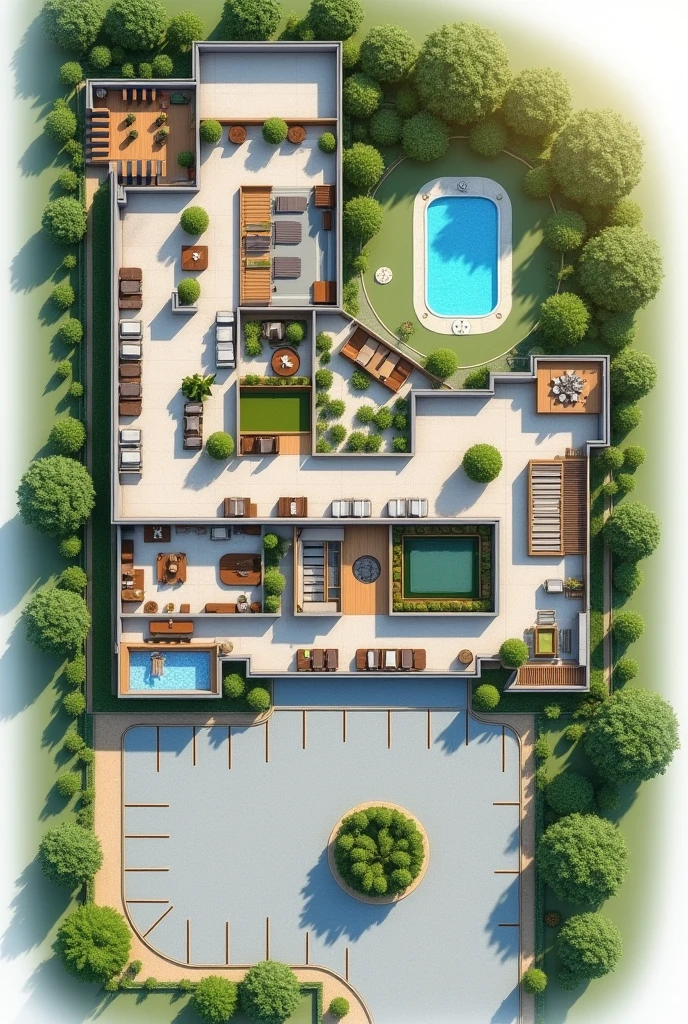 2d plan of a hotel that first shows the reception space, the restaurant space, the recreation space, the L-shaped parking lot, one part in front and the rest on the side, the rooms, A SPA room, An area for people with disabilities, The pool, Connection with green areas, That can be like an open space