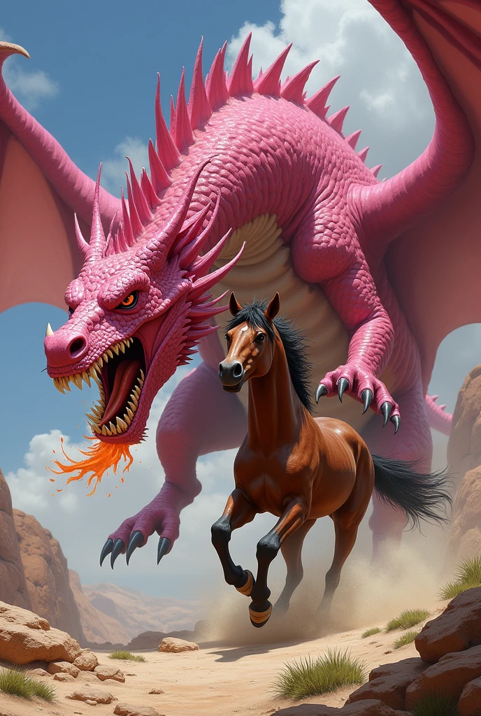 Pink dragon breathing fire attacking a very scared brown horse running in fear
