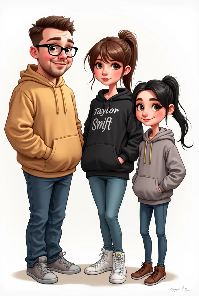 Draw three people as a caricature, The first is Samuel, A 20 year old boy, stomach 1.80 meters, He is fat and has very short hair, He wears square glasses and always wears big sweatshirts. The second is Magda, a 20 year old girl stomach 1.57 meters, She has long brown hair with bangs and wears a ponytail, and wears a black Taylor Swift sweatshirt and the last person is Maria, a 20 year old girl, stomach 1.70 meters, He has short black hair, He also has freckles.