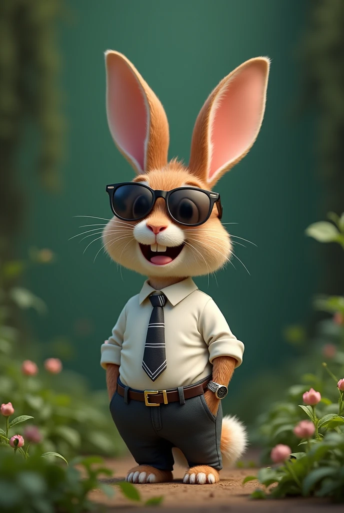Smiling Rabbit wearing clothes, sunglass, watch.
Natural dark green background