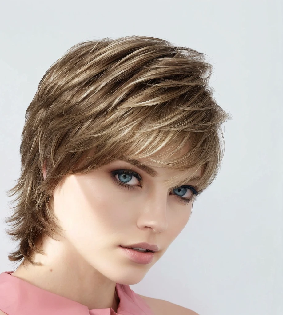 blond woman with short hair and blue eyes posing for a picture, shag haircut, shag hair, shag cut, flipped out hair, shaggy haircut, short - medium length hair, medium short hair, short light brown hair, dramatic highlights, profile shot, feathered hair, shaggy hair, sharp highlights, brown short hair, redahair and attractive features