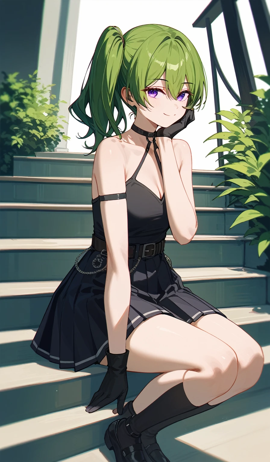 (masterpiece, The best quality at its best:1.2), alone, One huge breasted girl, Green Hair, bangs, Hair between the eyes, Side Ponytail, Purple eyes, A light smile, Black choker, clavicle, No sleeve, Black Dress, No sleeve dress, Halter neck, Pleated skirt, Black gloves, belt, Black footwear,、breast enhancement、Funeral of Frieren、Uber、Animated cartoon character sitting on stairs with hand on chin、Draw both hands