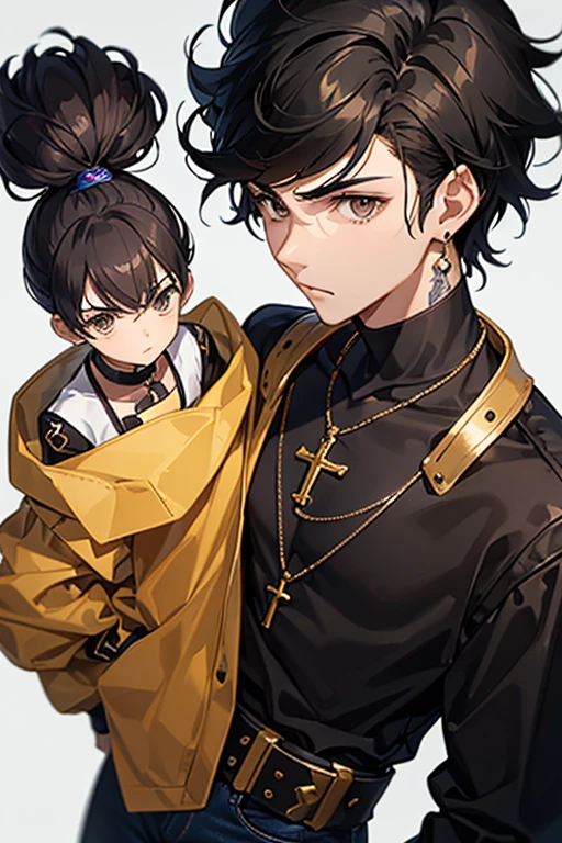 16 year old boy, short black hair on the sides and long on top with a pompadour, brown eyes, black t-shirt, necklace with a gold cross, blue jeans, looking in profile directly at the viewer, white background