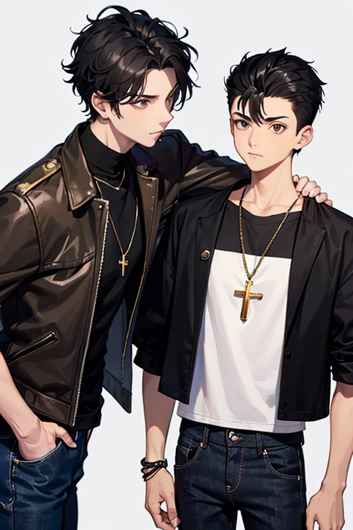 16 year old boy, short black hair on the sides and long on top with a pompadour, brown eyes, black t-shirt, necklace with a gold cross, blue jeans, looking in profile directly at the viewer, white background