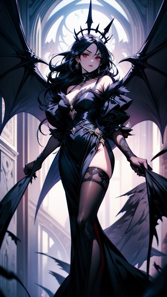a woman with Black wings and a black dress, Devil Anime Girl, The villain has black angel wings, Black wings instead of arms, Black Feather Wings, Female vampire with raven wings, has Black wings, Dark Angel, Gothic Maiden Anime, Lilith, Anime Monster Girl, Albedo from the anime Overlord, Black wings, Devil Girl, Dark devil dancer