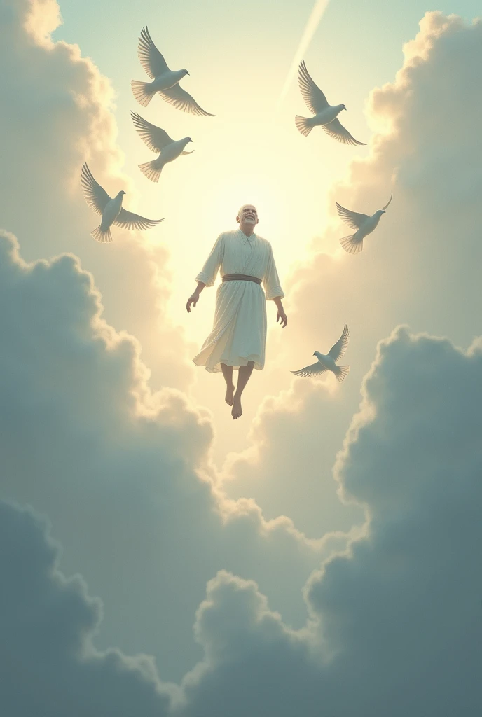 Image with the silhouette of an elderly man ascending to heaven with the name Reinel and doves 
