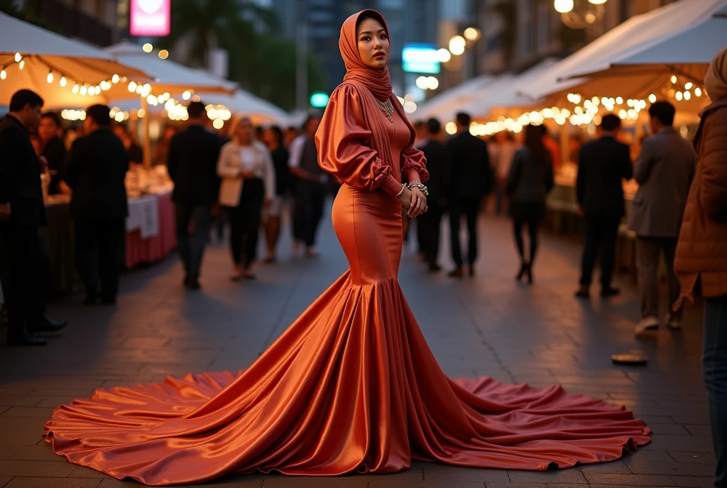 An malay woman in glamorous mermaid evening dress, long ballon sleeve dress, long satin scarf wrapped around her arms, wear jewellery, wear modern satin hijab, entirety of fabric over botom dress about 7 meters in length trailing dramatically, glamours style, overlong dress train, extreme detail on the texture of the fabric, wear high heels, sexy random pose in outdoor crowded place, dramatic lighting, ultra realistic, high-resolution photography.