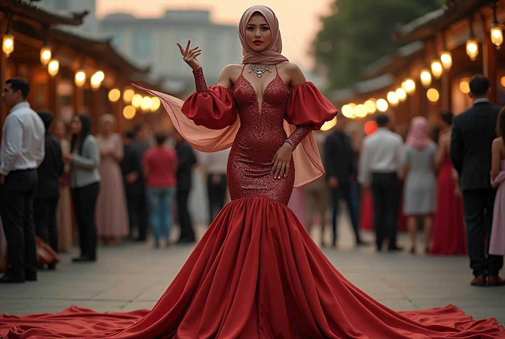An malay woman in glamorous red mermaid evening dress, wear long slave bolero, long satin scarf wrapped around her arms, wear jewellery, wear modern satin hijab, entirety of fabric over dress about 7 meters in length trailing dramatically, glamours style, overlong dress train, extreme detail on the texture of the fabric, wear high heels, sexy random pose outdor, dramatic lighting, ultra realistic, high-resolution photography.