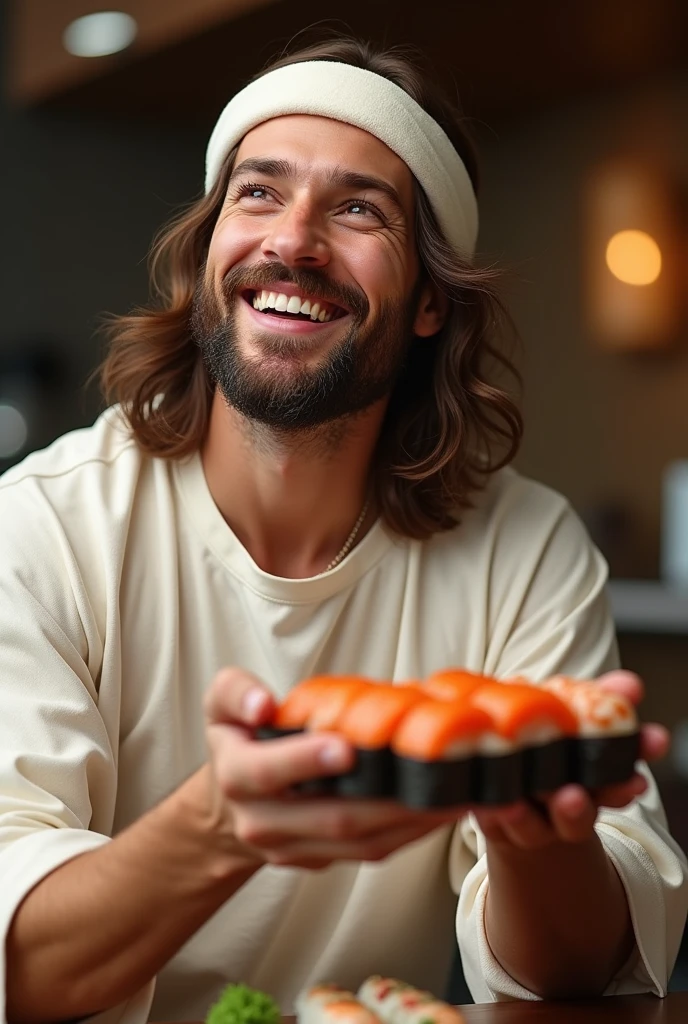 Jesus Christ holding sushi. He looks wise and wise and laughs happily. His face conveys deep wisdom and empathy, exuding warmth and understanding. He wears a white headband on his head and a white T-shirt and jeans. Jesus of Nazareth is depicted as a gentle, gentle man with shoulder-length hair. His wavy brown hair flows over his shoulders. The smiling face of the Japanese man next to her shows deep wisdom and empathy, and he is depicted as a kind-hearted Japanese man with a Buddha-like shaved head and a gentle, cheerful expression. they are shining. Sushi restaurant counter. Photography, close-up, highly detailed, trending at the art station, sharp focus, studio shot, intricate details, Greg Rutkowski,