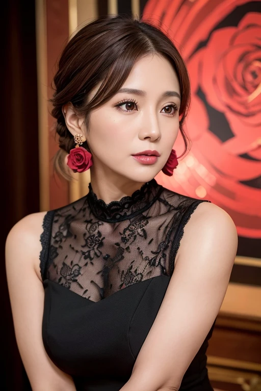 8k, raw photo, fujifilm, Style photo of a beautiful 45 year old woman., square face, a red rose on the neck, wearing a black and red lace dress, golden earrings, strong features like a dove spinning, (very detailed skin: 1.2), medium brown hair with highlights, film grain, 35mm, beautiful style