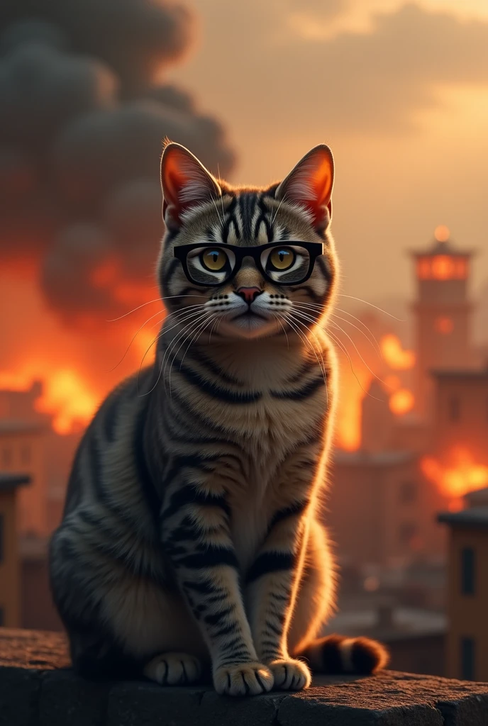 A cat with glasses posing for a photo and behind him a burning town