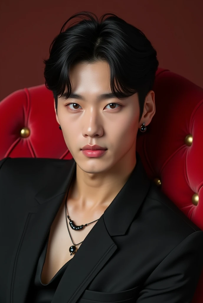 Korean male stars, not too small face structure, long eyelashes, short hair, black hair, light pink lipstick, velvet lipstick texture, equal eyes, high nose, wearing a black necklace, black earrings, wearing a white shirt, wearing white pants, sitting on a red chair.
