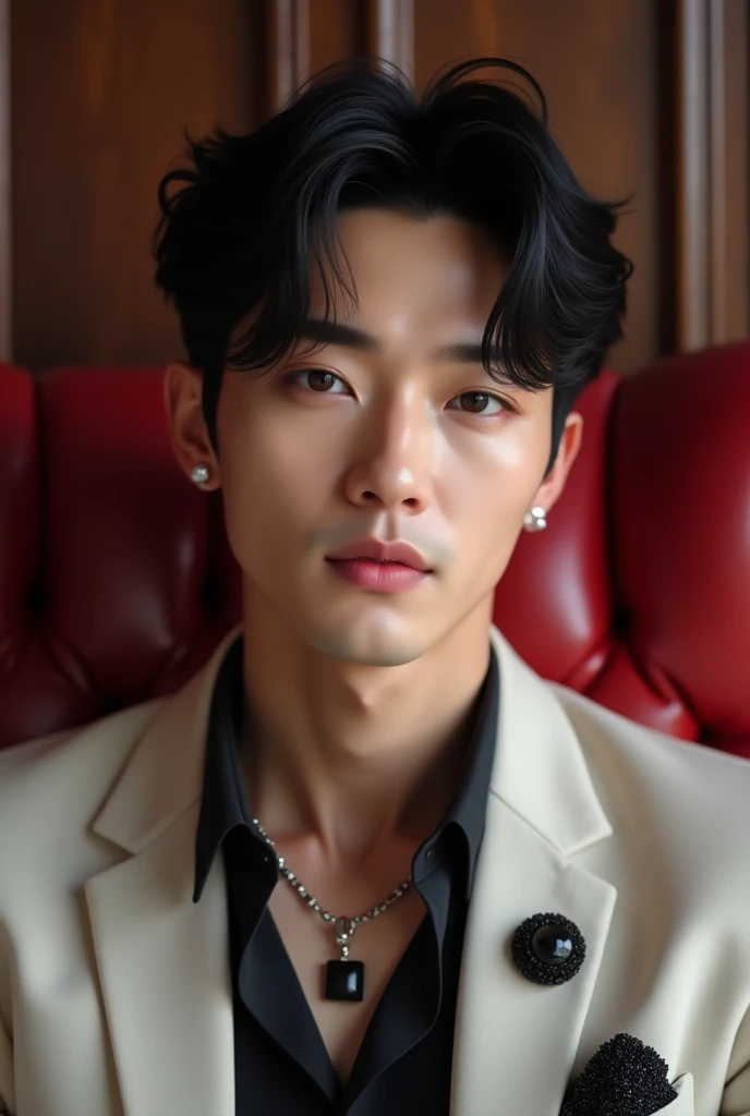 Korean male stars, not too small face structure, long eyelashes, short hair, black hair, light pink lipstick, velvet lipstick texture, equal eyes, high nose, wearing a black necklace, black earrings, wearing a white shirt, wearing white pants, sitting on a red chair.