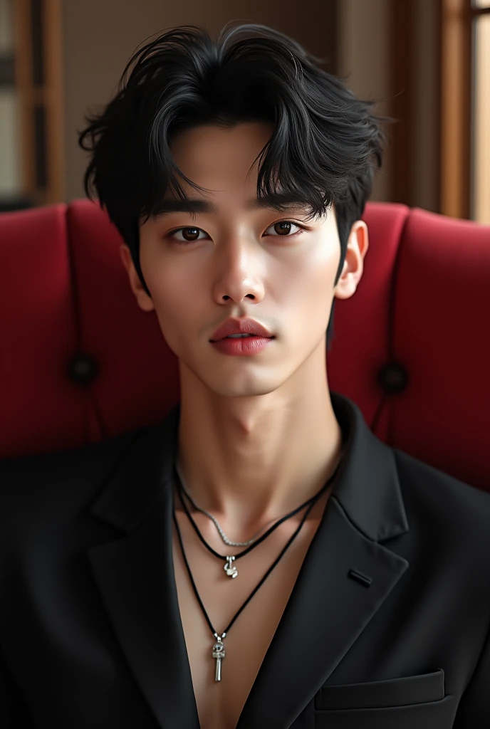 Korean male stars, not too small face structure, long eyelashes, short hair, black hair, light pink lipstick, velvet lipstick texture, equal eyes, high nose, wearing a black necklace, black earrings, wearing a white shirt, wearing white pants, sitting on a red chair.
