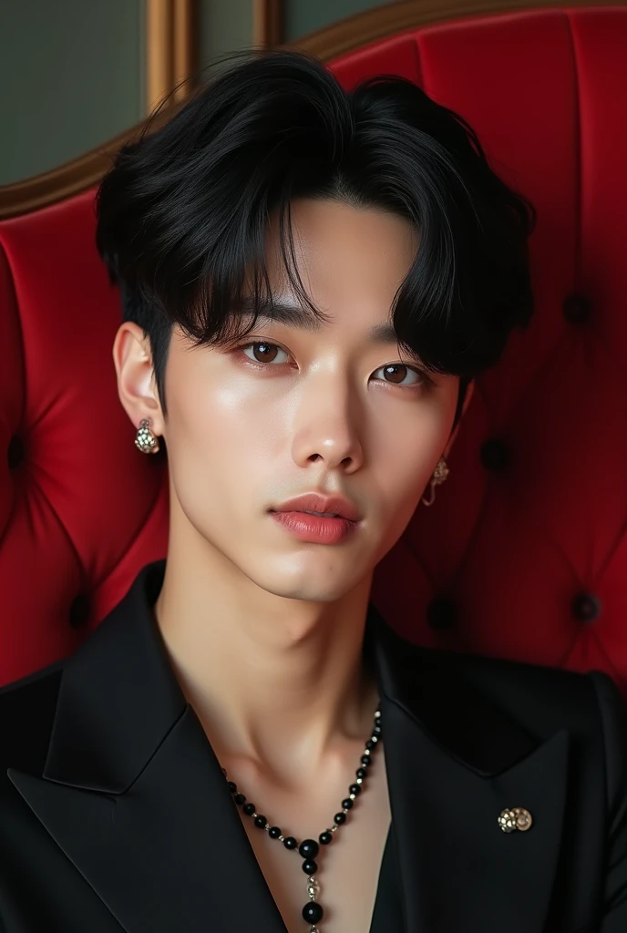 Korean male stars, not too small face structure, long eyelashes, short hair, black hair, light pink lipstick, velvet lipstick texture, equal eyes, high nose, wearing a black necklace, black earrings, wearing a white shirt, wearing white pants, sitting on a red chair.